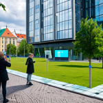 **Prompt:** A futuristic cityscape of Tallinn, Estonia, with holographic displays showing e-governance services like online voting and digital tax filing. People are interacting with these displays using smartphones, emphasizing convenience and accessibility. In the background, modern glass buildings and green spaces represent technological advancement and sustainability.
