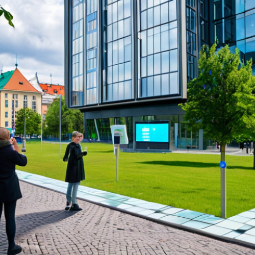 Home 15 **Prompt:** A futuristic cityscape of Tallinn, Estonia, with holographic displays showing e-governance services like online voting and digital tax filing. People are interacting with these displays using smartphones, emphasizing convenience and accessibility. In the background, modern glass buildings and green spaces represent technological advancement and sustainability.
