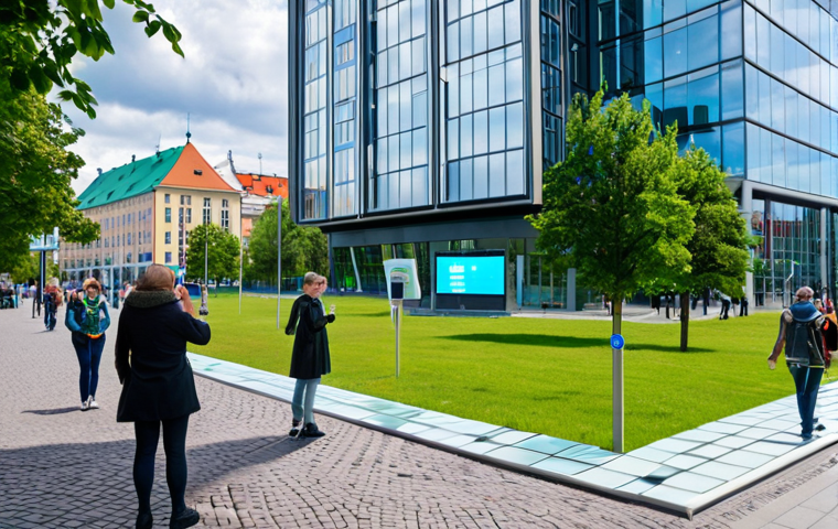 **Prompt:** A futuristic cityscape of Tallinn, Estonia, with holographic displays showing e-governance services like online voting and digital tax filing. People are interacting with these displays using smartphones, emphasizing convenience and accessibility. In the background, modern glass buildings and green spaces represent technological advancement and sustainability.