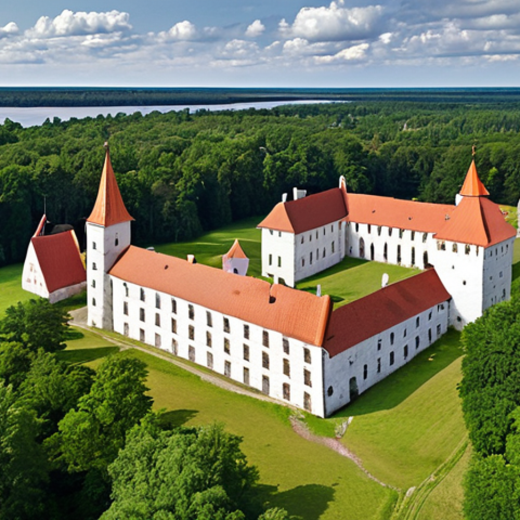 **

A scenic view of Saaremaa, Estonia's largest island, showcasing its historic architecture, particularly stone houses and Kuressaare Castle, set against a backdrop of lush green forests. The image should evoke a sense of history and natural beauty.

**