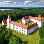 **

A scenic view of Saaremaa, Estonia's largest island, showcasing its historic architecture, particularly stone houses and Kuressaare Castle, set against a backdrop of lush green forests. The image should evoke a sense of history and natural beauty.

**