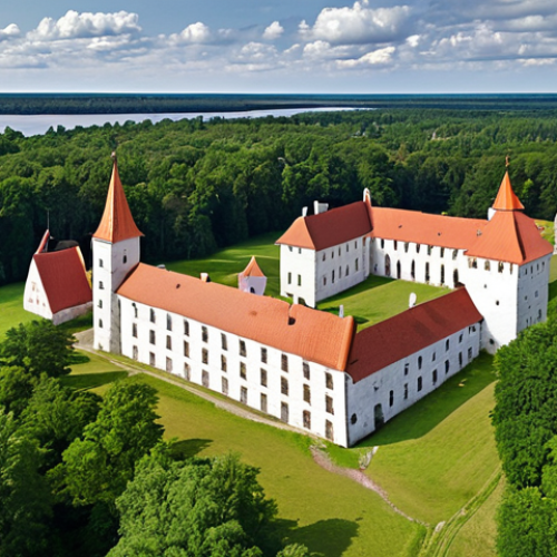 Home 14 **
A scenic view of Saaremaa, Estonia's largest island, showcasing its historic architecture, particularly stone houses and Kuressaare Castle, set against a backdrop of lush green forests. The image should evoke a sense of history and natural beauty.
**
