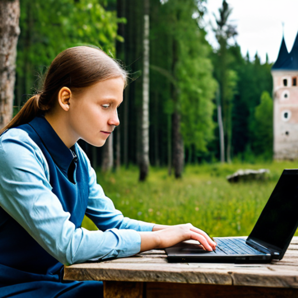 A professional individual, fully clothed in modest, comfortable, and appropriate attire, using a laptop at a rustic wooden table amidst a tranquil Estonian forest. In the background, hints of ancient castle ruins are visible, symbolizing the blend of history and digital life. The scene is illuminated by soft natural light. Perfect anatomy, correct proportions, well-formed hands, proper finger count, natural body proportions, natural pose. Professional photography, high quality, safe for work, appropriate content, family-friendly.