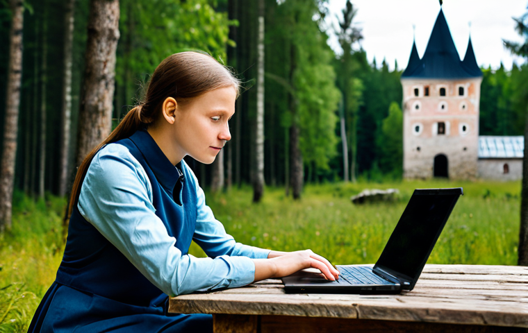 A professional individual, fully clothed in modest, comfortable, and appropriate attire, using a laptop at a rustic wooden table amidst a tranquil Estonian forest. In the background, hints of ancient castle ruins are visible, symbolizing the blend of history and digital life. The scene is illuminated by soft natural light. Perfect anatomy, correct proportions, well-formed hands, proper finger count, natural body proportions, natural pose. Professional photography, high quality, safe for work, appropriate content, family-friendly.