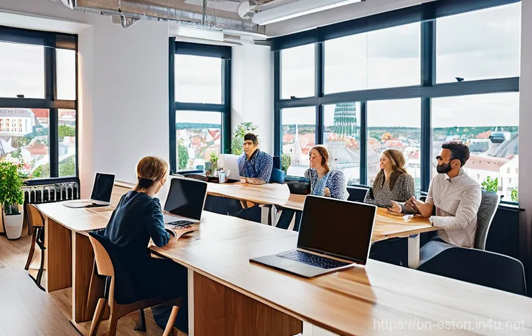 에스토니아에서 영어 사용 가능성 - **Prompt 1: Estonian Digital Innovation Hub**
    "A bright, bustling co-working space in the heart ...