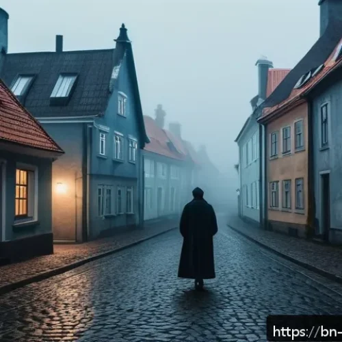 Home 32 에스토니아에서 일어났던 주요 범죄 사건 - A mysterious small Estonian town at night under a dark sky, dimly lit cobblestone streets with old E...