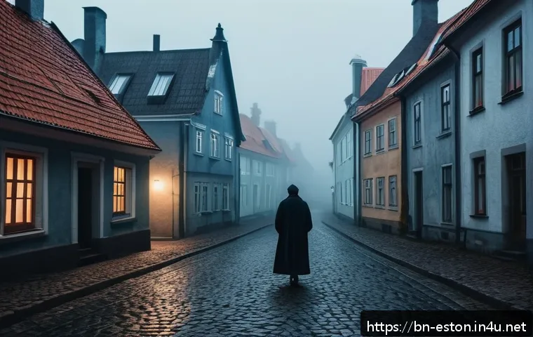 에스토니아에서 일어났던 주요 범죄 사건 - A mysterious small Estonian town at night under a dark sky, dimly lit cobblestone streets with old E...