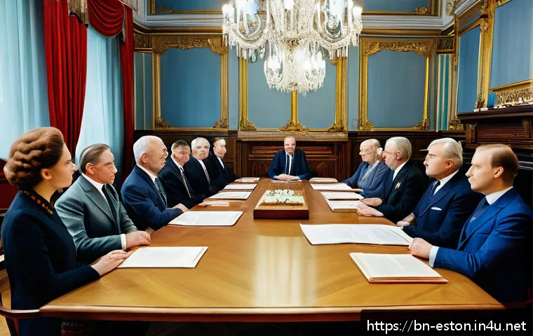 에스토니아의 유명 정치인 및 역사적 인물 - A detailed scene depicting a secret political meeting room in Estonia during a period of political i...