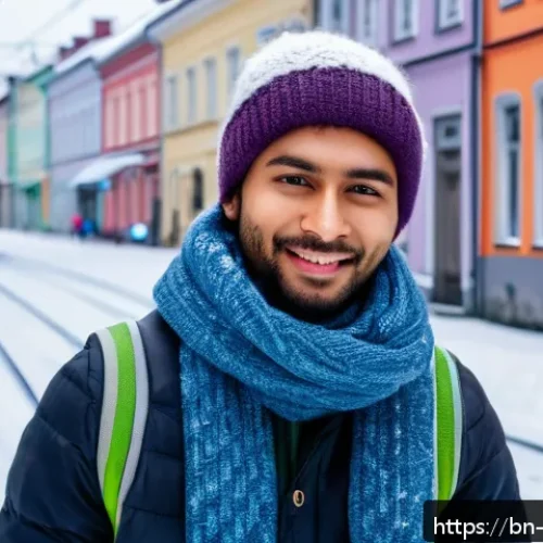 Home 30 에스토니아에서 겨울 여행 시 유의사항 - A winter scene in Estonia featuring a young adult wearing layered clothing suitable for cold weather...