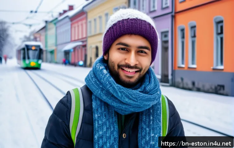 에스토니아에서 겨울 여행 시 유의사항 - A winter scene in Estonia featuring a young adult wearing layered clothing suitable for cold weather...
