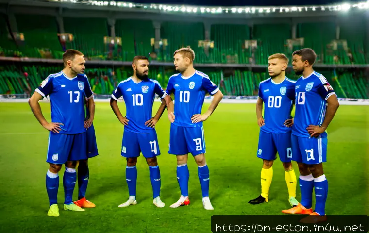 에스토니아 축구 대표팀 및 리그 정보 - Photorealistic Estonia national football team players in blue kits with no logos or text, standing i...